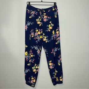 Navy Blue Floral Print Jogger Pants with‎ Drawstring Waist